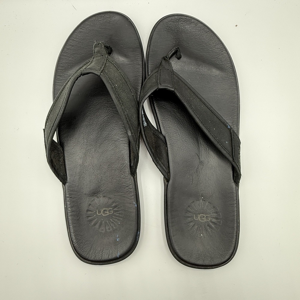 UGG Flip Flops Mens Sz 12 Black Leather Flip Flops - Picture 1 of 5